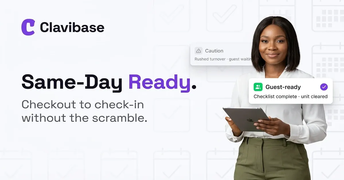 Nigerian shortlet host beside a same-day turnover checklist card and a guest-ready apartment status card on a Clavibase-style cover