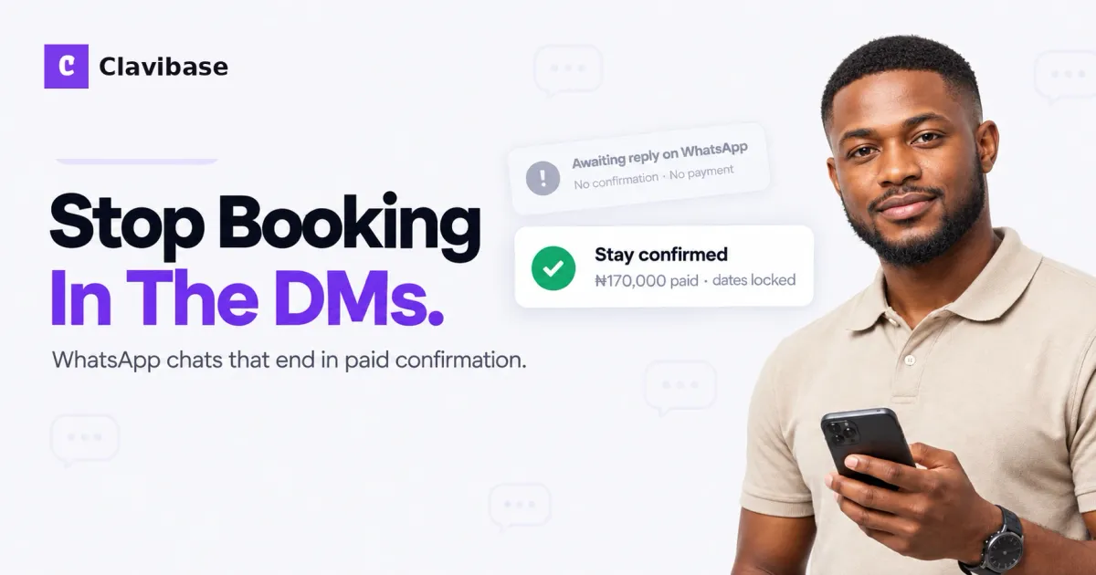 Nigerian shortlet host with WhatsApp enquiry and confirmed booking cards on a Clavibase-style cover