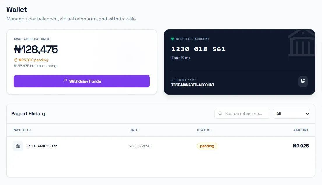 Clavibase wallet, balances, and payout history